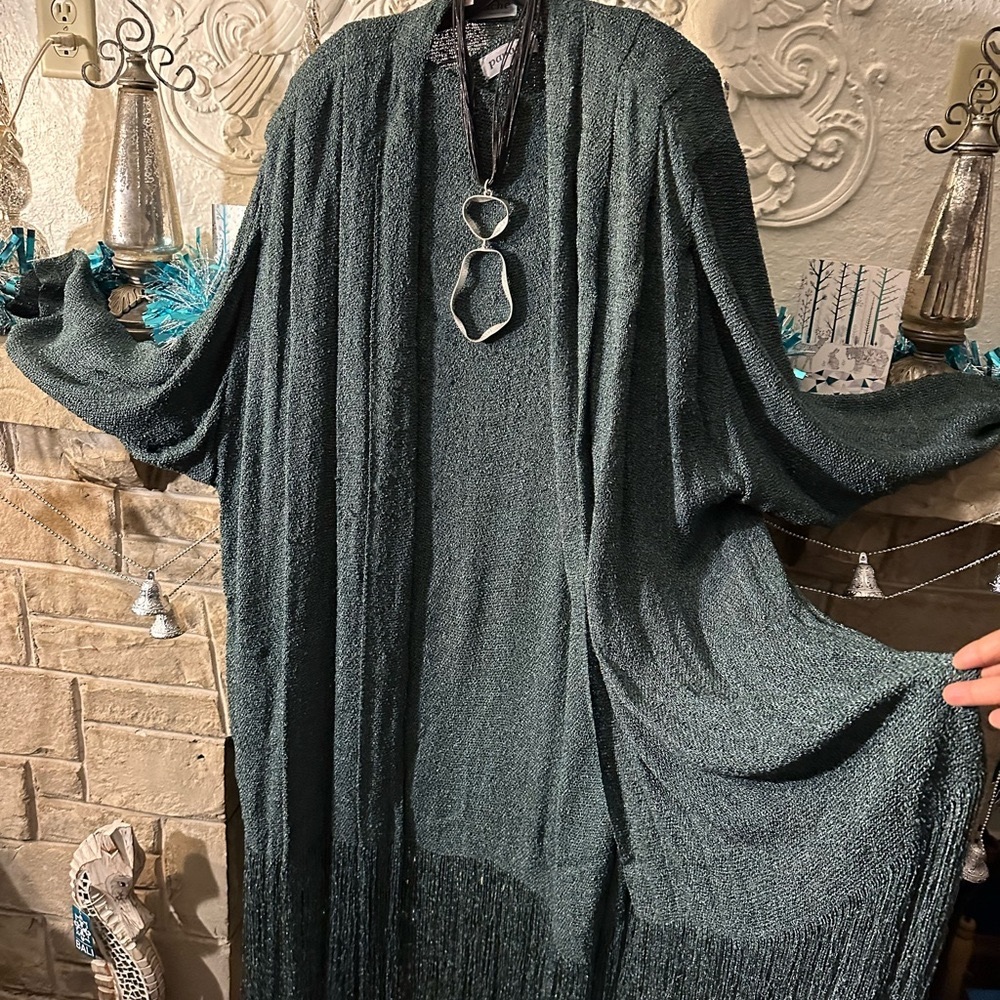 Vintage 2 pc pinache green fringe hand woven rayon dress duster